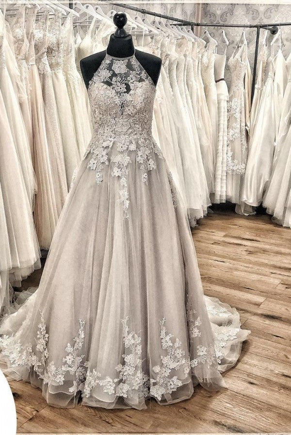 Elegant A-line Halter Wedding Dress with Tulle Ruffles & Appliques Lace Train