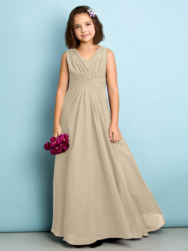 A-Line V Neck Chiffon Flower Girl Dress - Floor Length With Criss Cross Natural Mini Me
