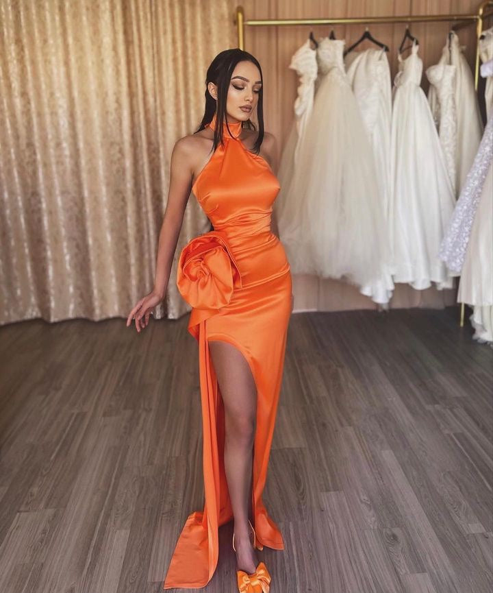 Orange Flower Halter Split Prom Dress