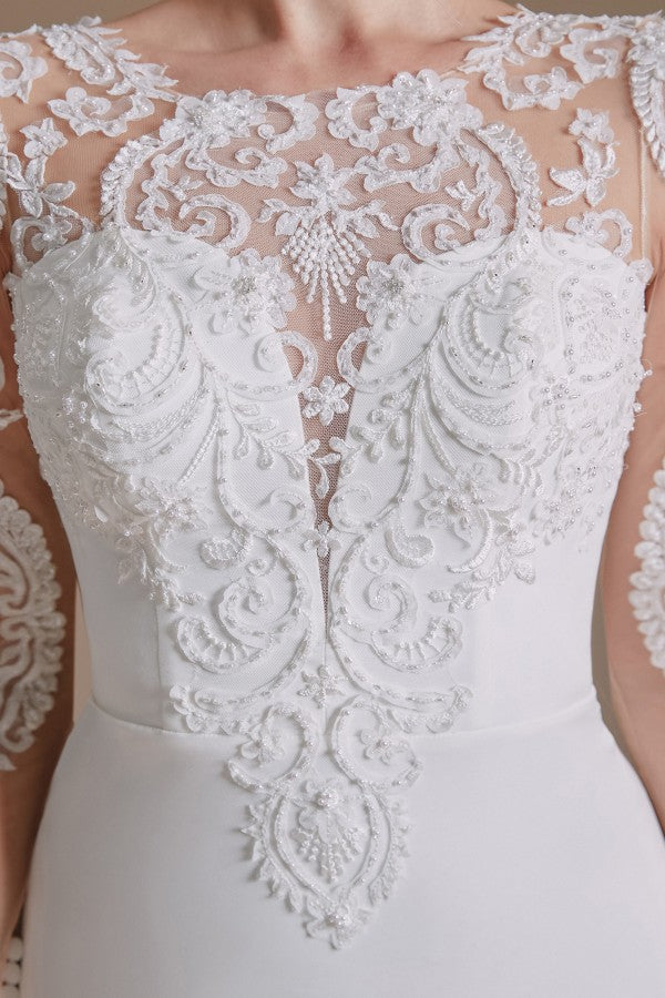 Elegant Jewel Satin Lace Long Mermaid Wedding Dress With Sleeves