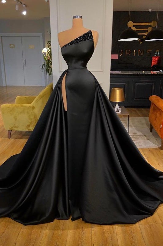 Gorgeous Black Prom Dress with Long Slit & Beaded Overskirt