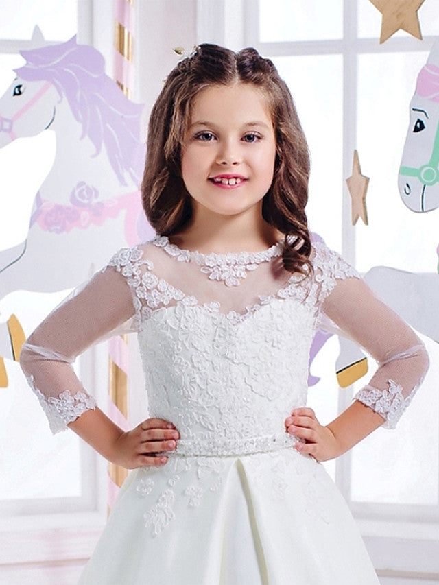Princess 3/4 Length Sleeve Jewel Neck Flower Girl Dresses with Cotton Lace and Lace Appliques