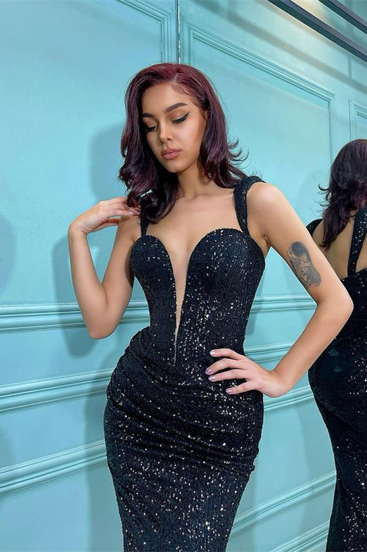 Mermaid Black Sequins Straps Prom Dress