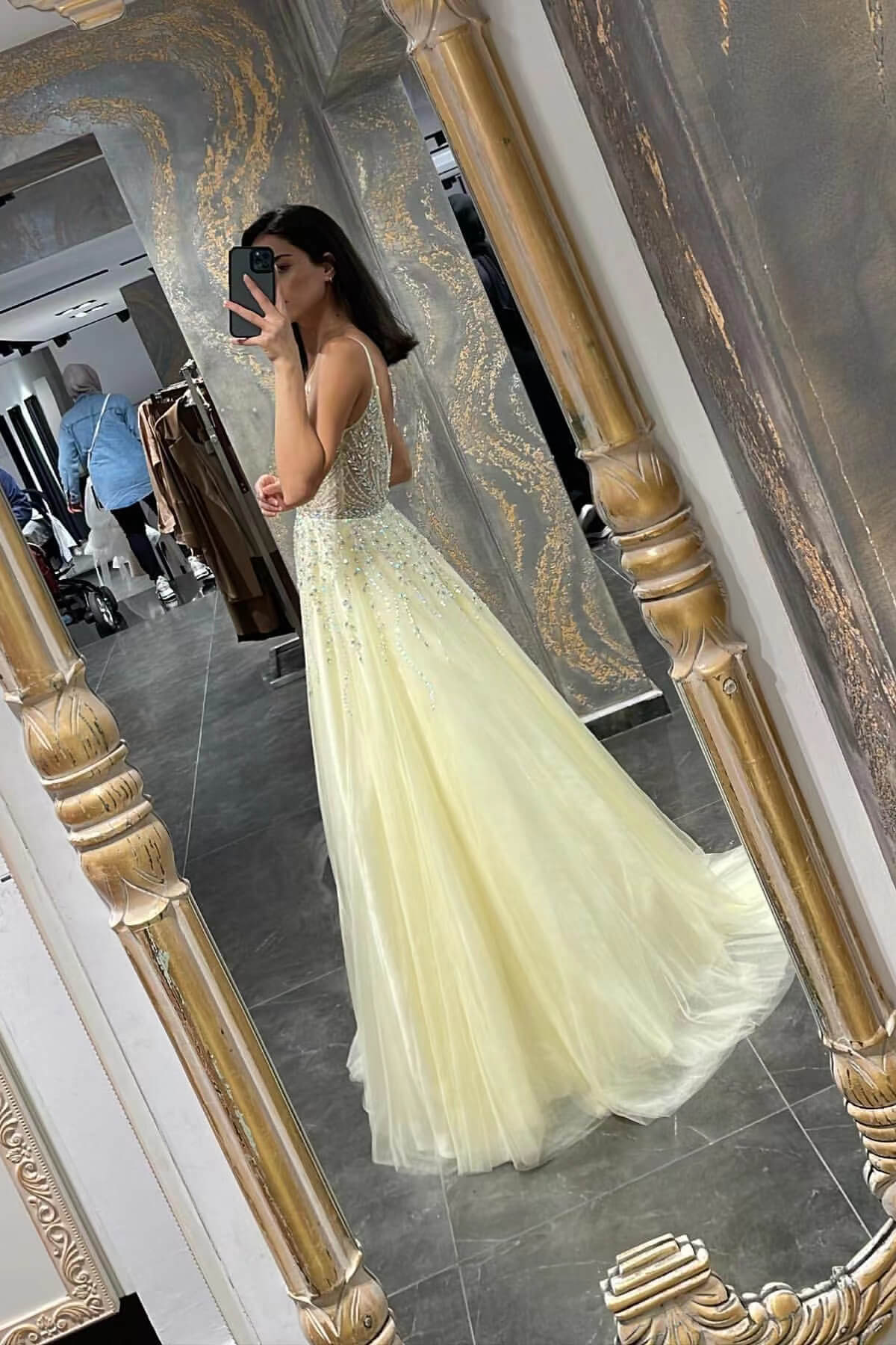 Glamorous Daffodil Tulle A-Line Prom Dress With Beadings