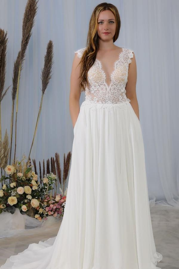 Elegant Deep V-neck Wedding Dress with Wide Straps & Appliques Lace