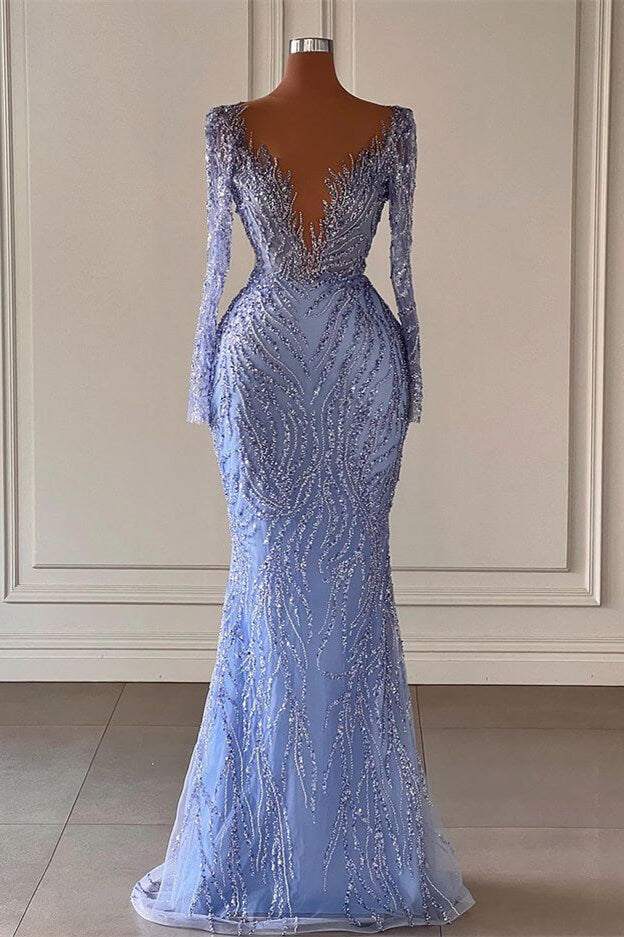 Elegant Long Sleeves V Neck Mermaid Evening Dress with Sequins Beadings
