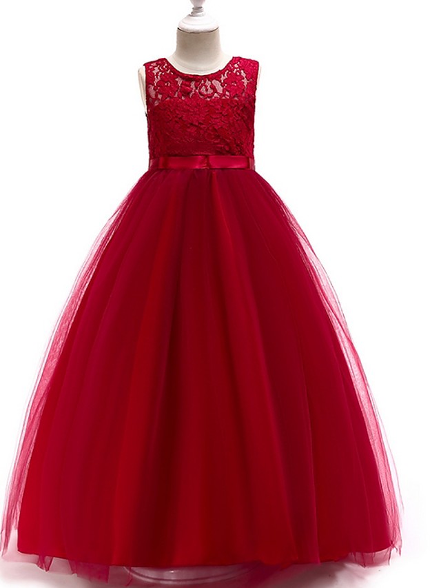 Sleeveless A-Line Round Floor Length Flower Girl Dress with Lace