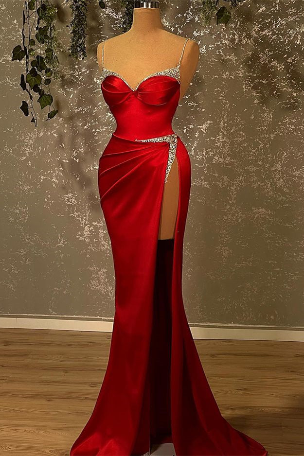 Glamorous Burgundy Mermaid Prom Dress with Spaghetti-Straps and Beadings