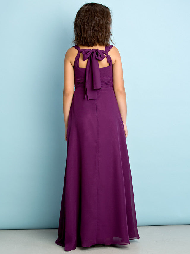 A-Line V Neck Chiffon Flower Girl Dress - Floor Length With Criss Cross Natural Mini Me