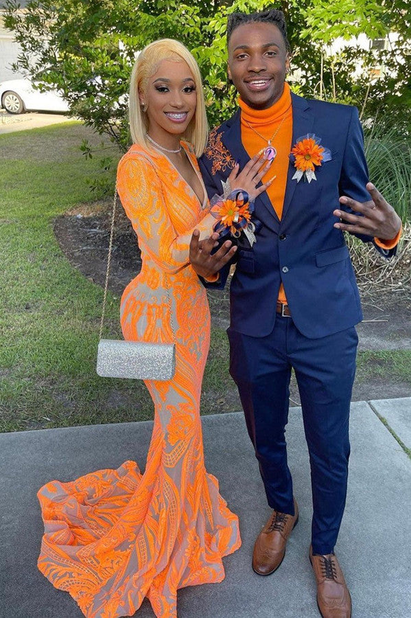 Mermaid Orange V-Neck Prom Dress with Long Sleeves