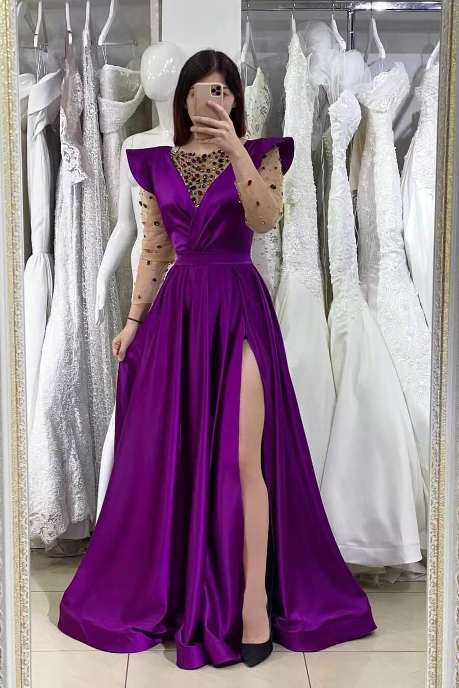 Dark Purple Mermaid V-Neck Beadings Prom Dress with Long Sleeves and Front Split