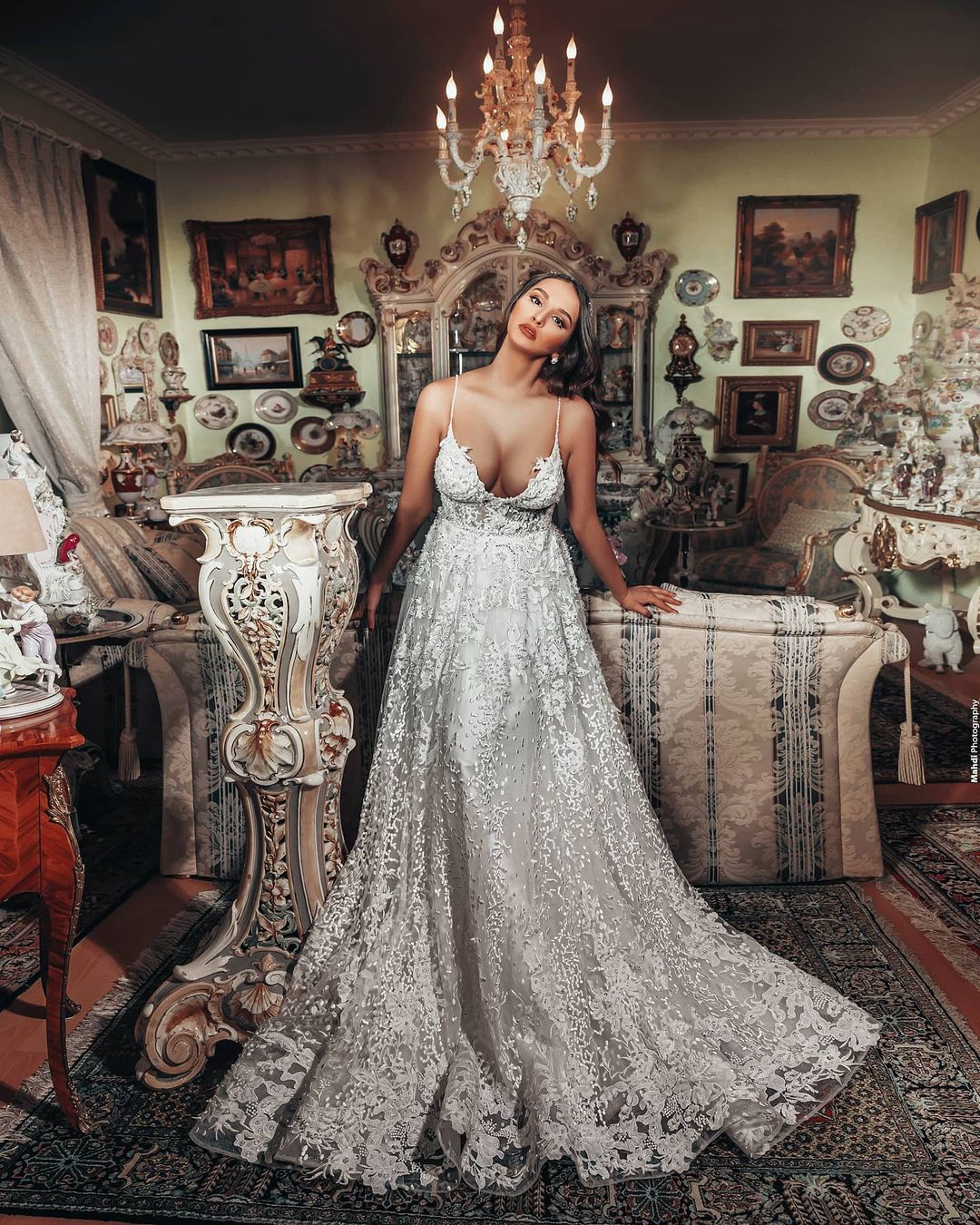 Gorgeous A-Line V-Neck Wedding Dress with 3D Floral Lace