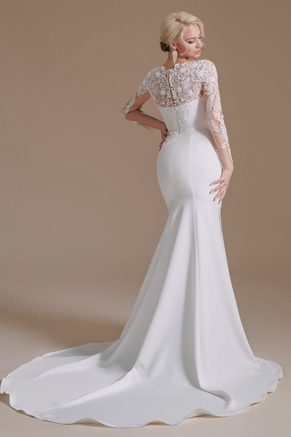 Elegant Jewel Satin Lace Long Mermaid Wedding Dress With Sleeves