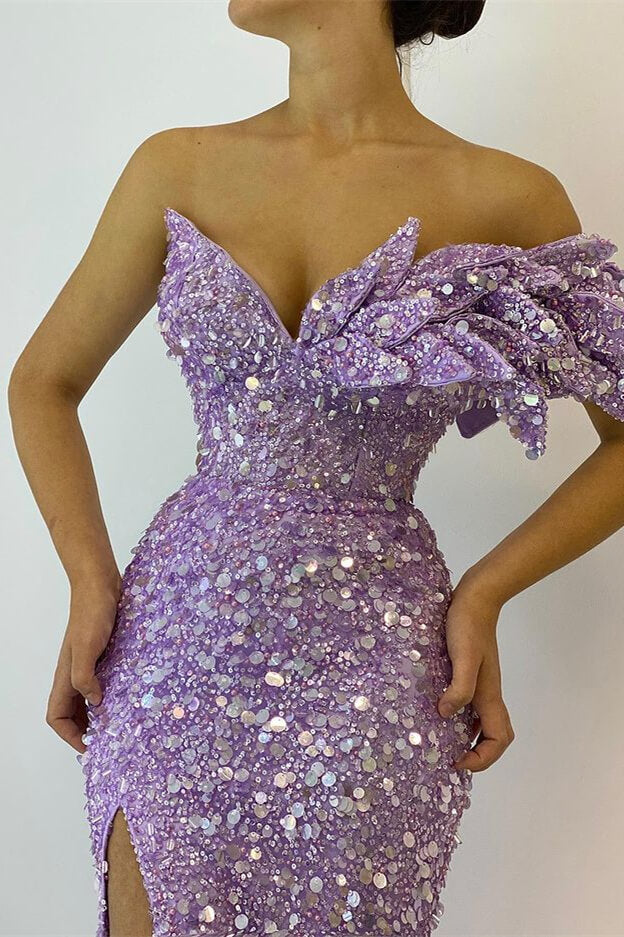 Pretty Lilac V-Neck Off-The-Shoulder Mermaid Prom Dress