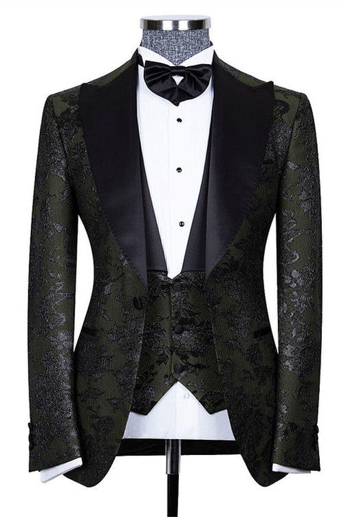Nathanael Handsome Black 3-Piece Jacquard Peaked Lapel Wedding Groom Suit Online
