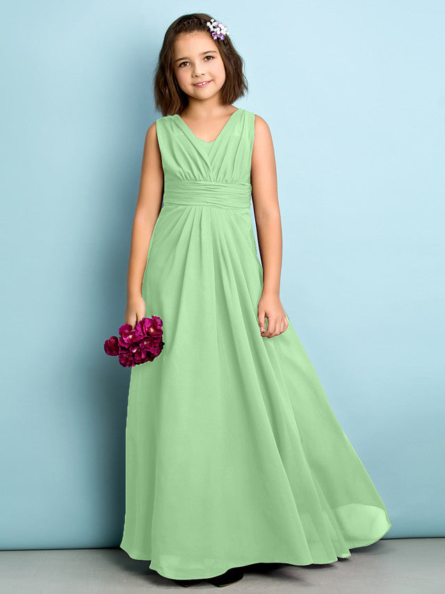 A-Line V Neck Chiffon Flower Girl Dress - Floor Length With Criss Cross Natural Mini Me