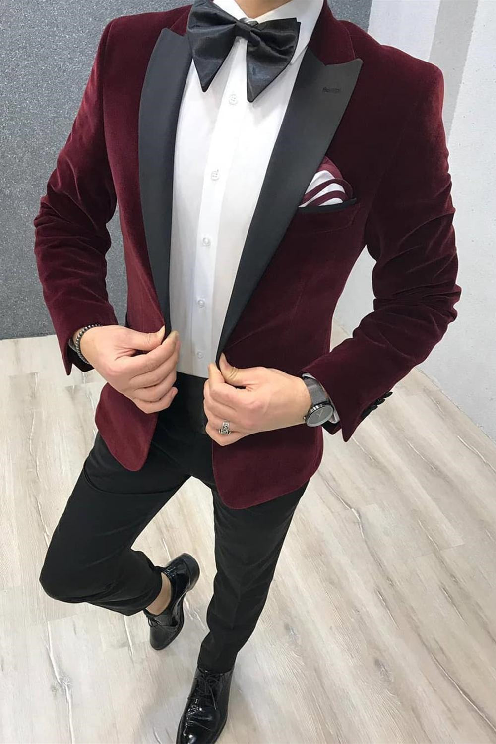 2 Piece Burgundy Velvet Black Satin Wedding Suits With Peak Lapel