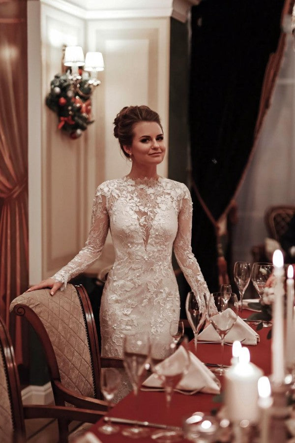Unique Long Sleeve Mermaid Wedding Dress with Appliques Lace