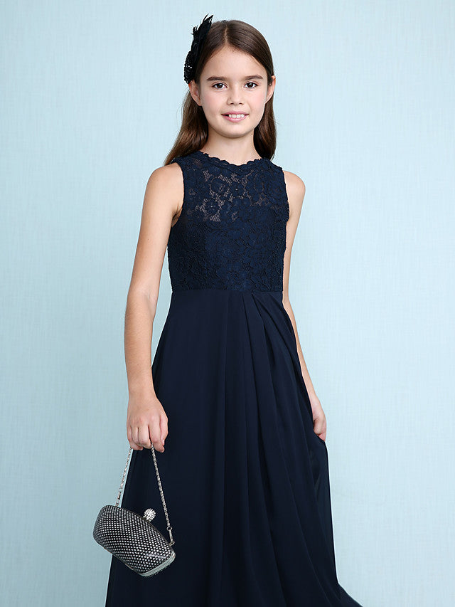 Sheath Column Scoop Neck Floor Length Chiffon & Lace Junior Bridesmaid Dress