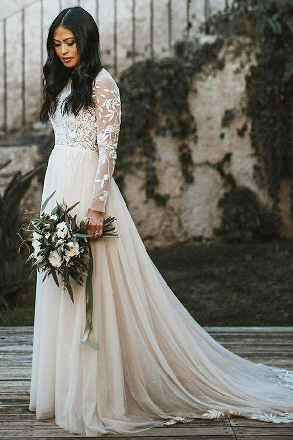 A-line Lace Long Sleeve Scoop Sweep Train Wedding Dress