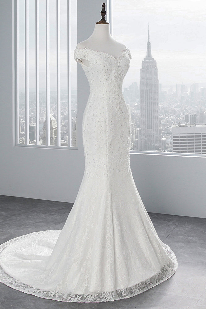 Elegant Off-the-shoulder Long Mermaid Wedding Dress With Lace