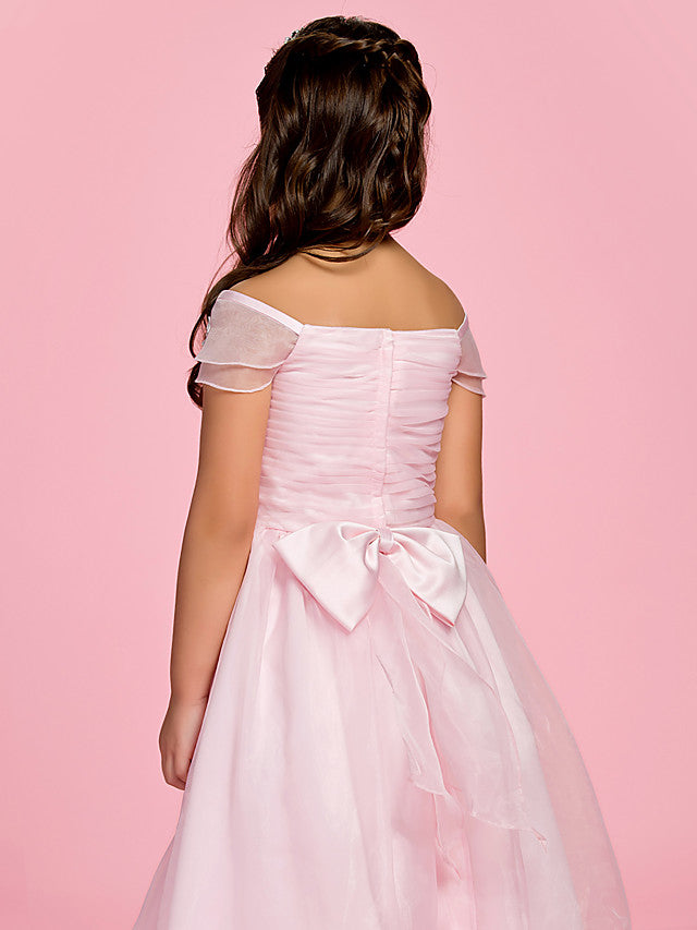 A-Line Ankle Length Organza First Communion Dress With Bow Ruched Appliques