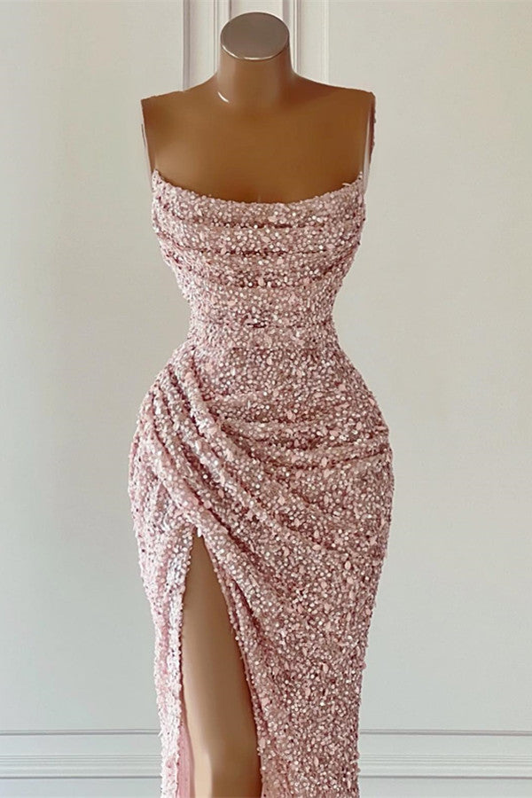Dusty Pink Square Neck Sleeveless Prom Dress with Mermaid Slit and Sequins