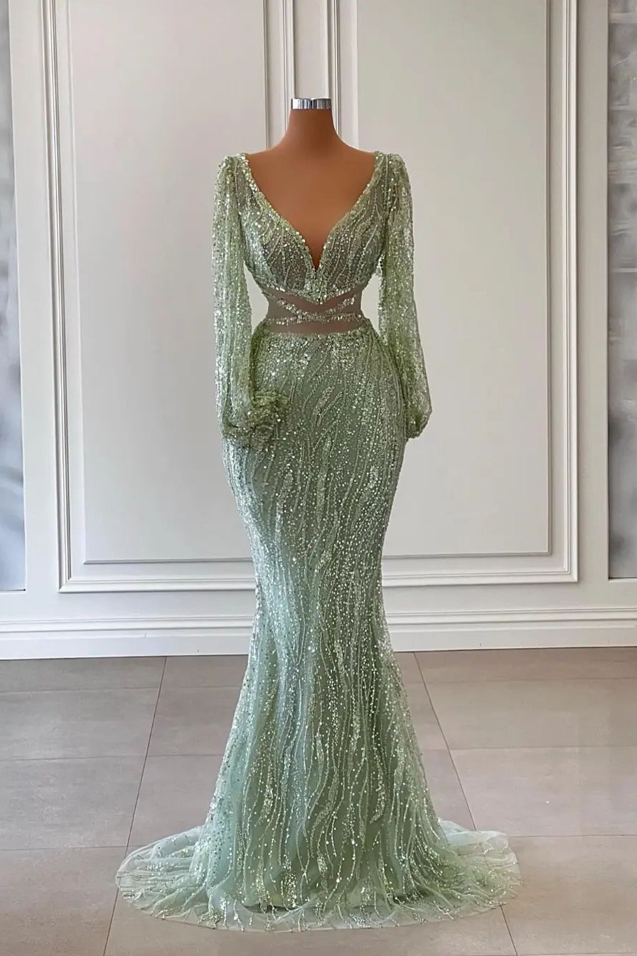 Light Green Long Sleeved V-Neck Mermaid Evening Dress with Sequins and Beads