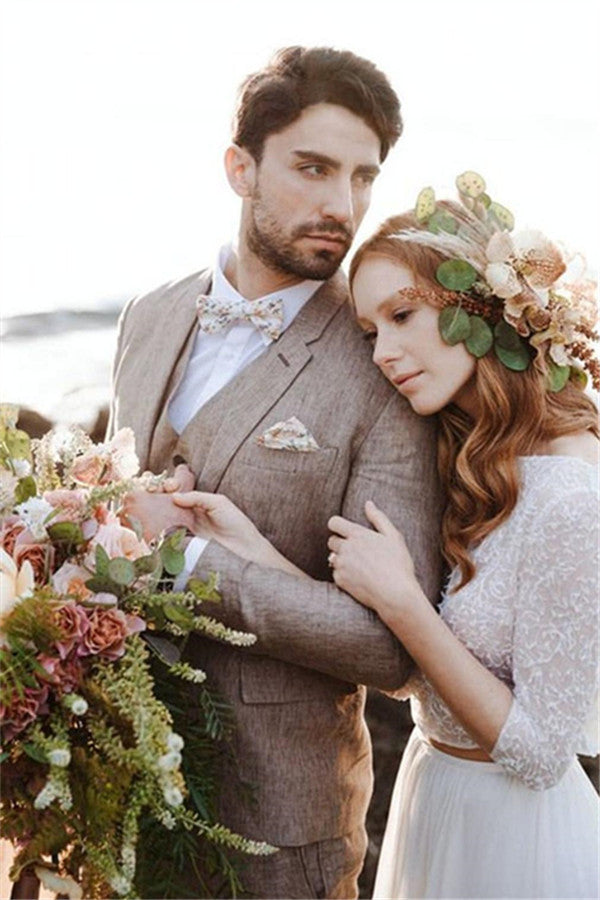 2020 Groom Wedding Tuxedos with 3 Pieces | Khaki Linen Summer Beach Mens Classic Suits