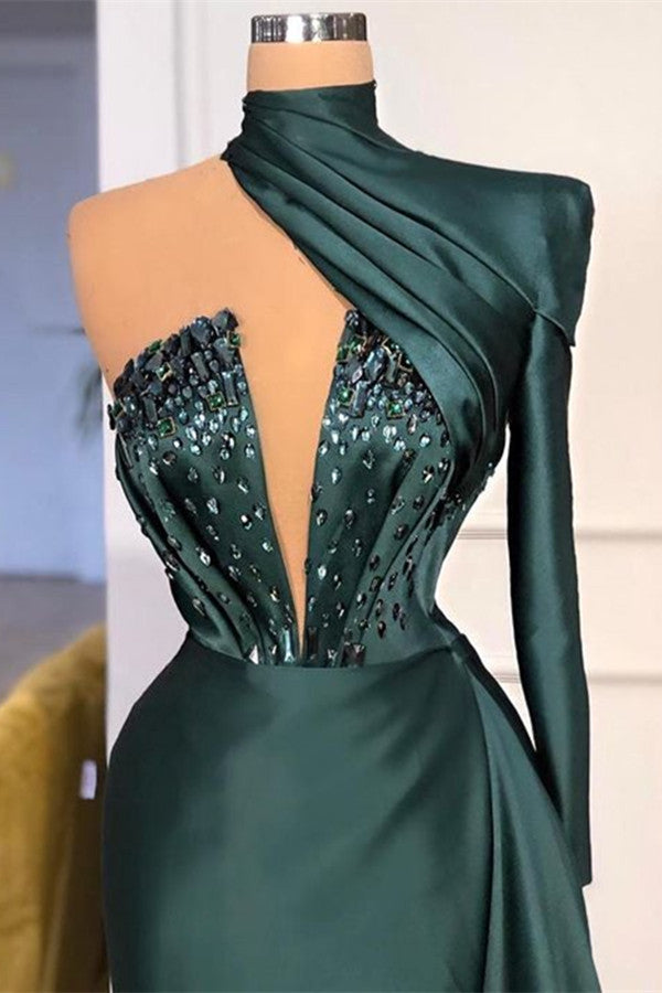 One Shoulder Long Prom Dress Dark Green with Sequins