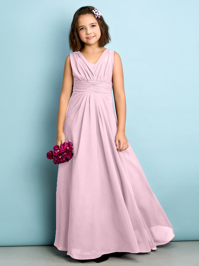 A-Line V Neck Chiffon Flower Girl Dress - Floor Length With Criss Cross Natural Mini Me