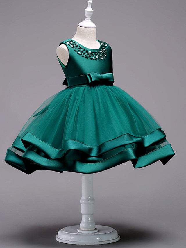 Knee Length Flower Girl Dresses With Faux Pearl Bow Beading