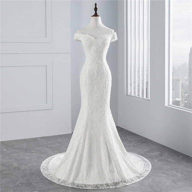 Elegant Off-the-shoulder Long Mermaid Wedding Dress With Lace