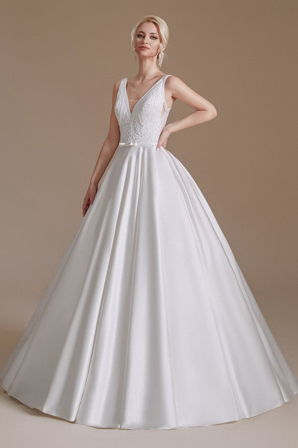 Long A-line V-neck Satin Wedding Dress with Appliques Lace