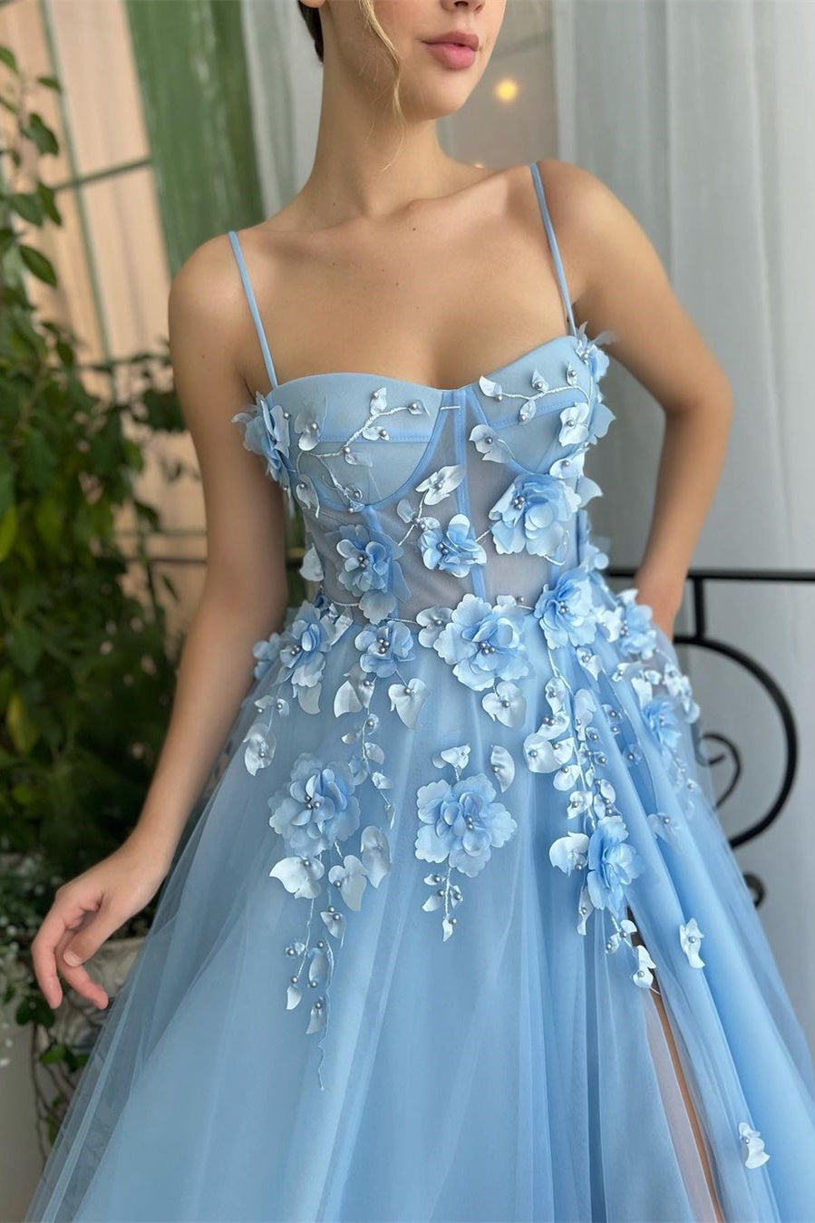 Baby Blue Sweetheart Flowers Appliques Spaghetti Strap Prom Dress with Side Split