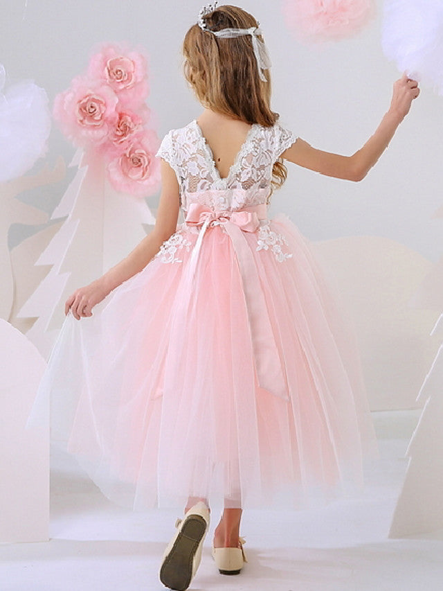 Ankle Length Flower Girl Dress with Bow Appliques