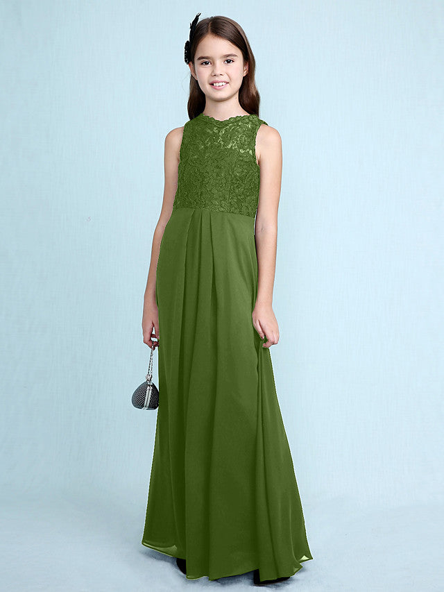 Sheath Column Scoop Neck Floor Length Chiffon & Lace Junior Bridesmaid Dress