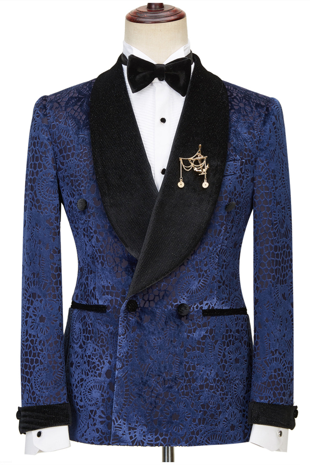 Dark Navy Jacquard Double Breasted Sparkle Shawl Lapel Men Suits For Wedding by Jane