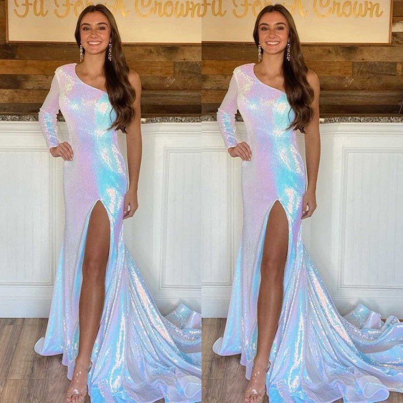 One Shoulder Mermaid Prom Dress With Split - Elegant Long Sleeve