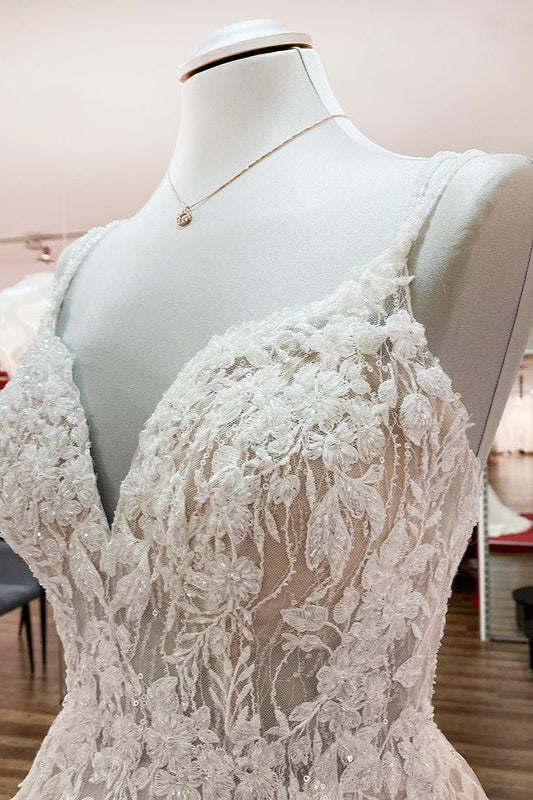 Elegant Long A-line V Neck Sleeveless Backless Wedding Dress with Ruffles