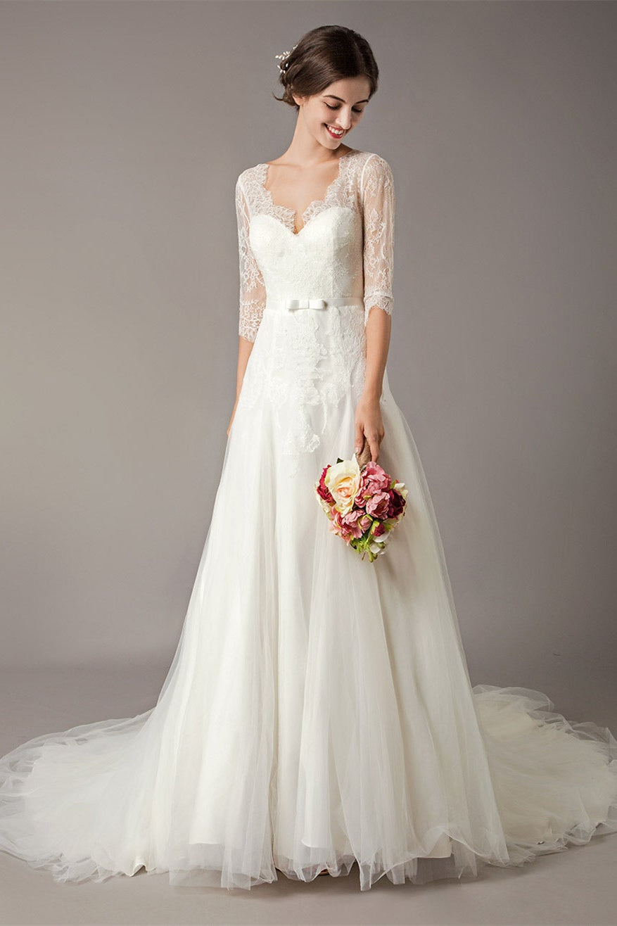 Half-Sleeves Lace Dress for Beach Weddings