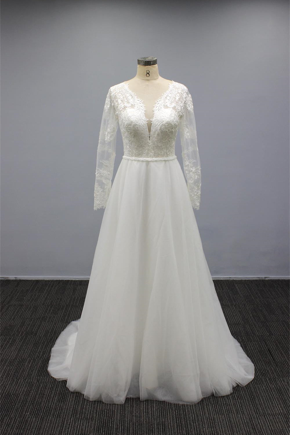 White A Line Long Sleeves Tulle Wedding Dress with Chiffon V Neck and Appliques
