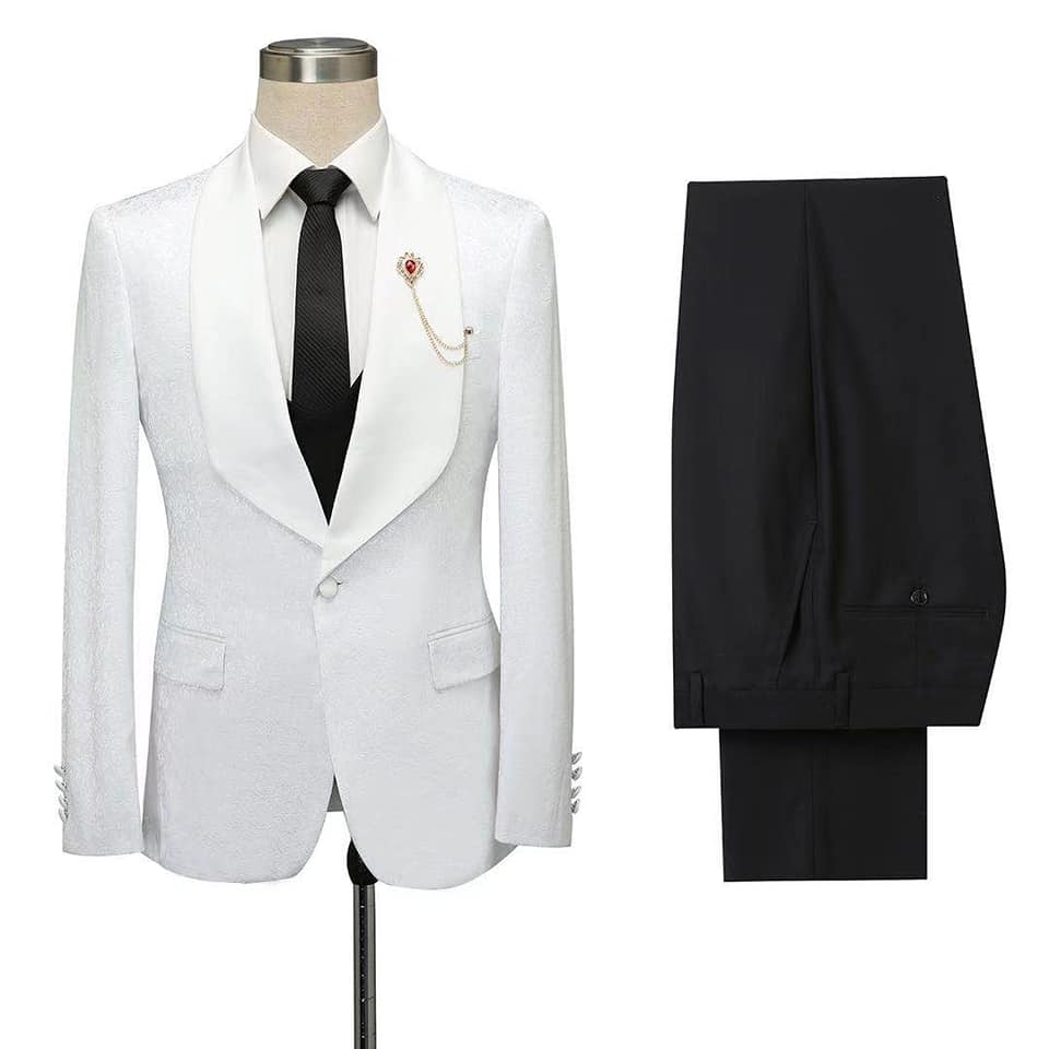 Chic White Jacquard Slim Fit Shawl Lapel Wedding Suit for Men
