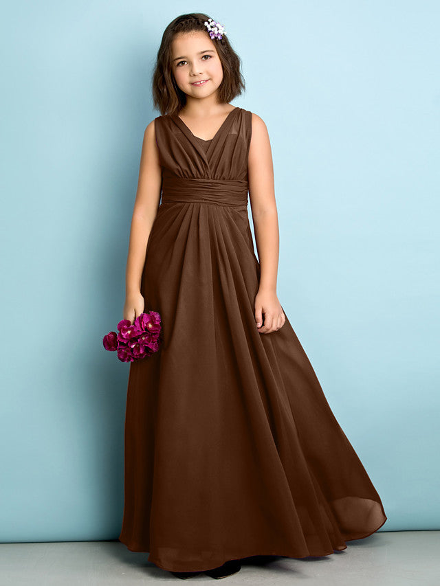 A-Line V Neck Chiffon Flower Girl Dress - Floor Length With Criss Cross Natural Mini Me