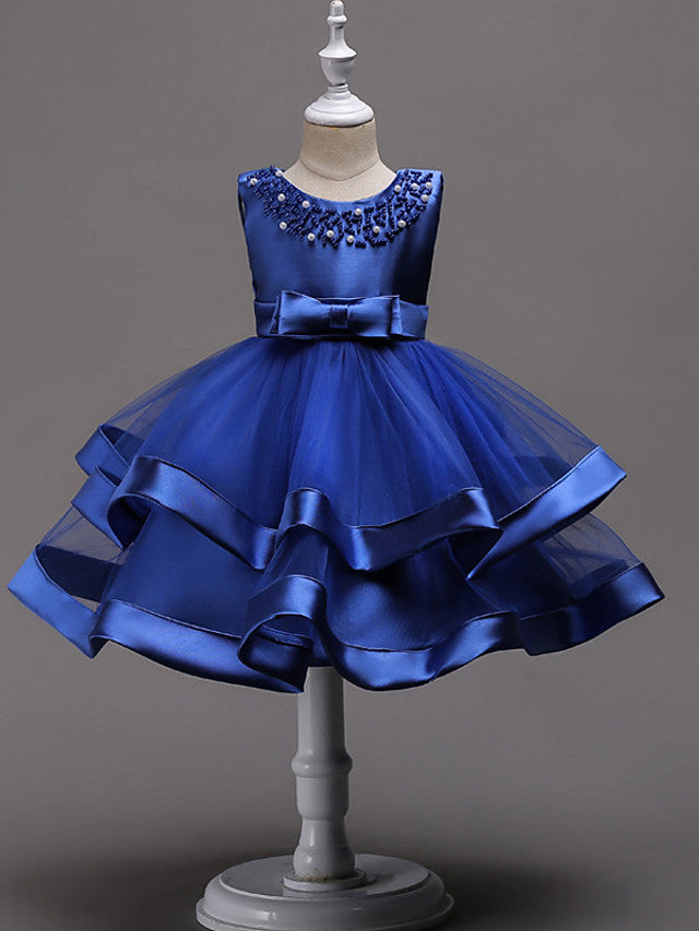 Knee Length Flower Girl Dresses With Faux Pearl Bow Beading