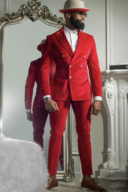 Look Dapper in this Bespoke Double Breasted Prince Suit with Red Velvet Peaked Lapel