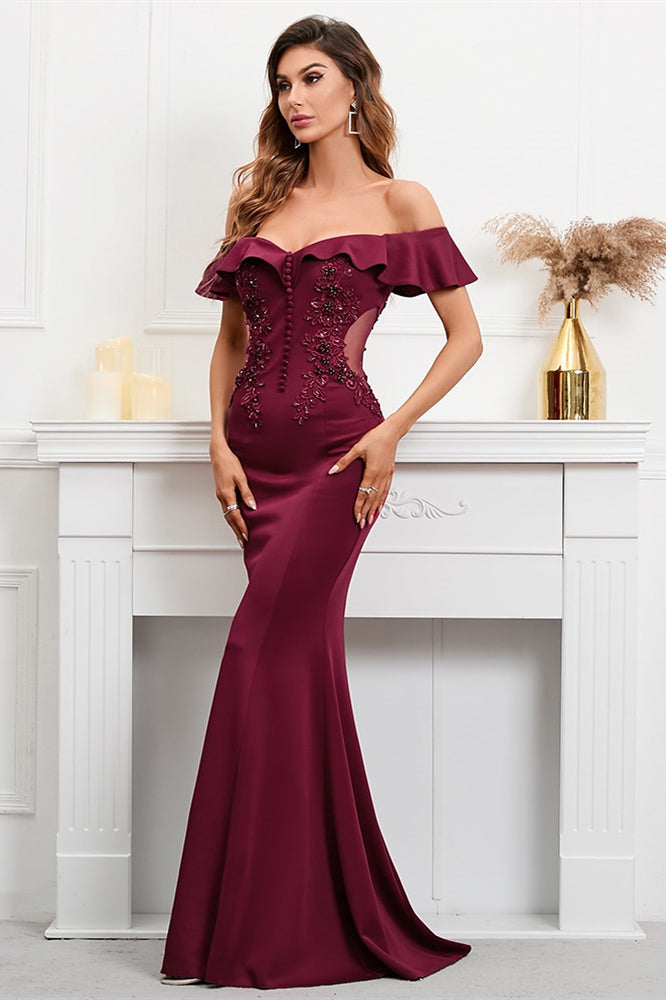 Burgundy Off-The-Shoulder Mermaid Appliques Evening Dress