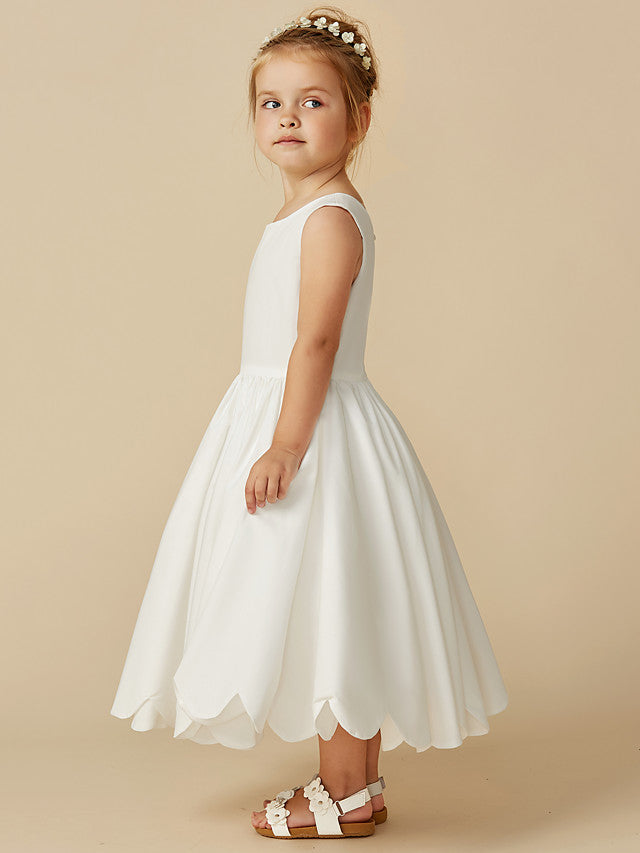 Sleeveless Jewel A-Line Tea Length Flower Girl Dress with Taffeta Sash and Pleats