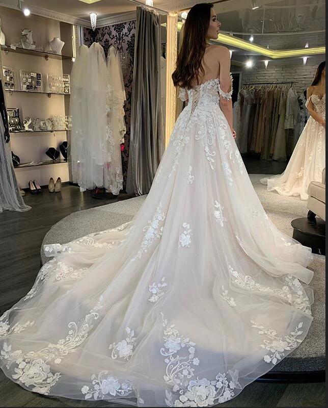 Gorgeous A-line Tulle Off-the-Shoulder Long Wedding Dress With Lace Appliques