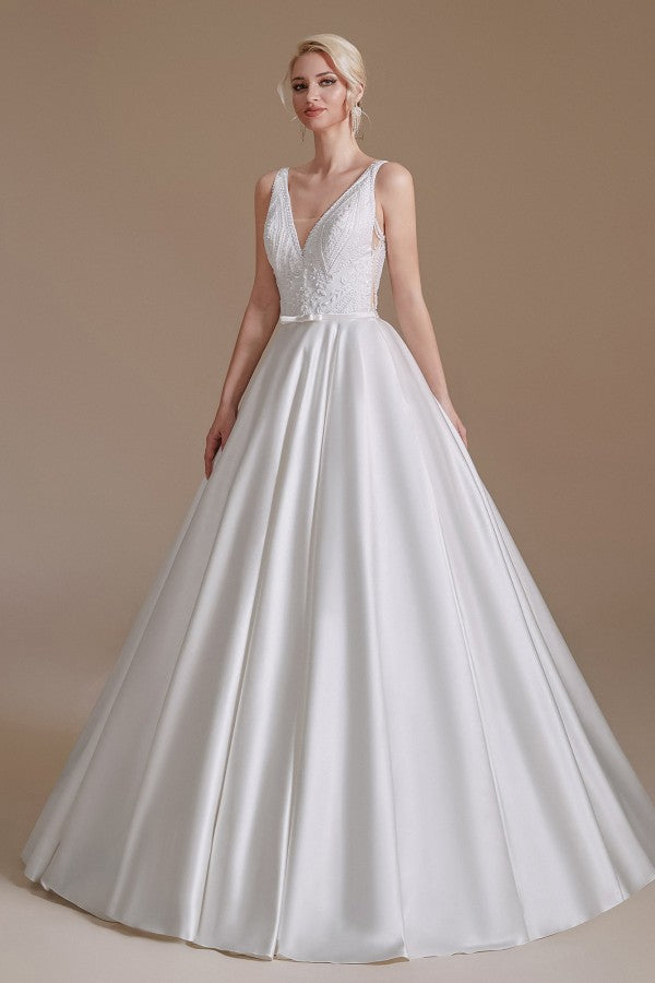 Long A-line V-neck Satin Wedding Dress with Appliques Lace